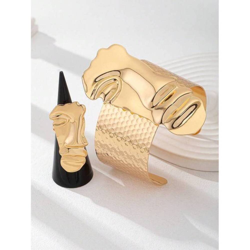 Gold Abstract Mask Design Bracelet Ring Set, Gold Jewelry Set For , Overs Dainty - Picture 2 of 3